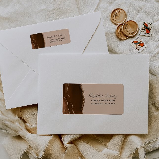 Mocha Brown Guld Agate Tan Bröllop Returadress Etikett (Skapare uppladdad)