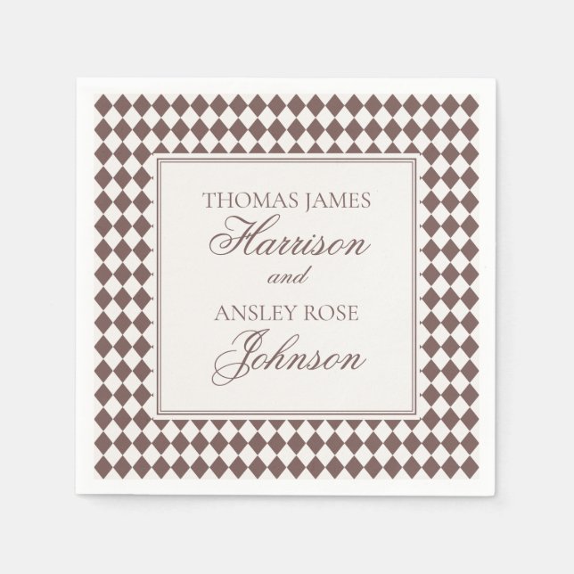 Mocha Brown Harlequin Checkered Wedding Pappersservett (Framsidan)