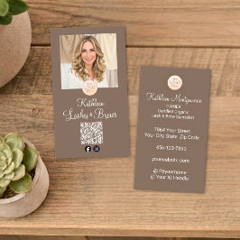 Mocha Brown Logo QR Code Photo Lashes and Brows Visitkort