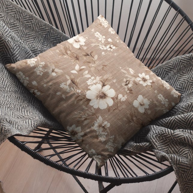 Mocha Brown Mousse White Blommigt Linen look Kudde (Skapare uppladdad)