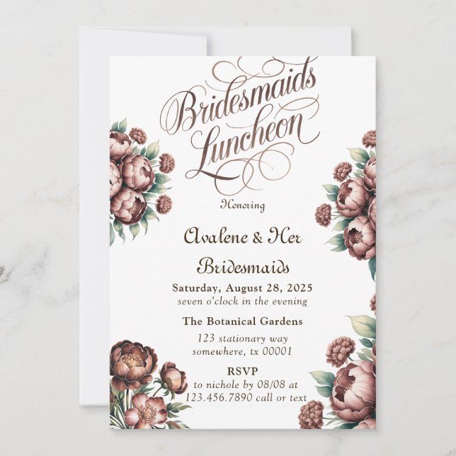 Mocha Brown Pasent Peony Bridesmaids Luncheon Inbjudningar (Framsida)