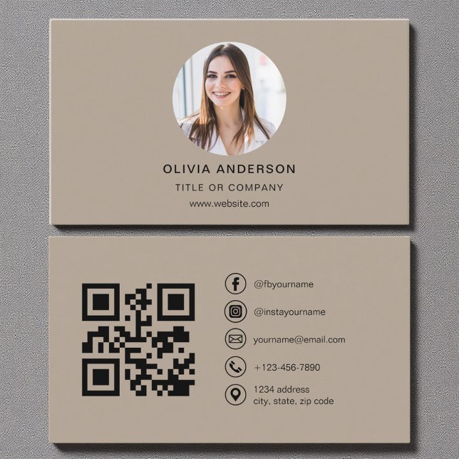 Mocha Brown Photo med QR Code Social Media Visitkort (Skapare uppladdad)