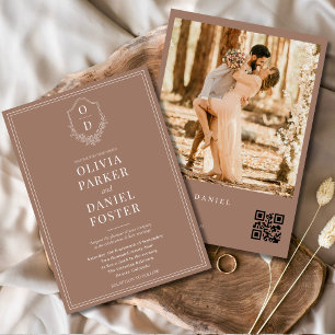 Mocha Brown Photo QR Code Classic Vapensköld Bröll Inbjudningar