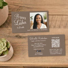 Mocha Brown Script Photo QR Code Brows and Lashes Visitkort