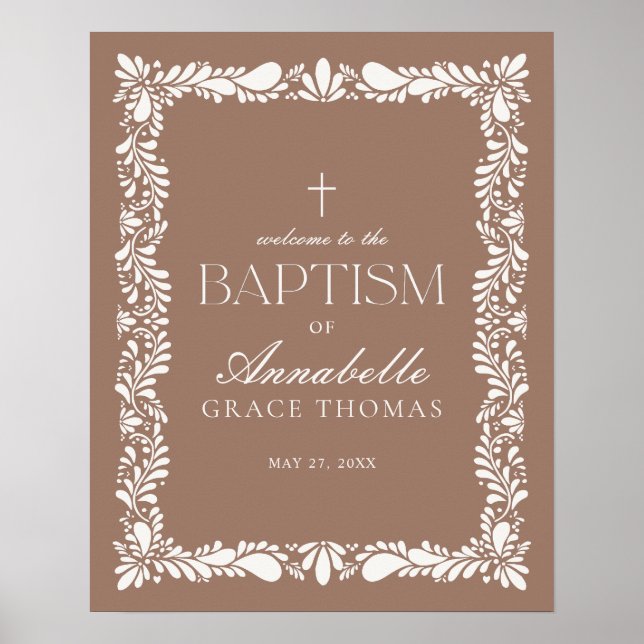 Mocha Brown Talavera Tile Fiesta Baptism Välkommen Poster (Framsidan)