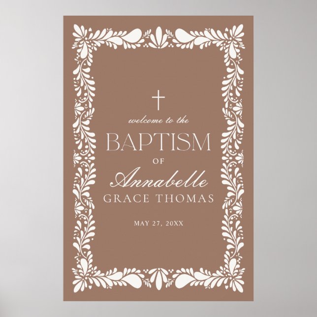 Mocha Brown Talavera Tile Fiesta Baptism Välkommen Poster (Framsidan)