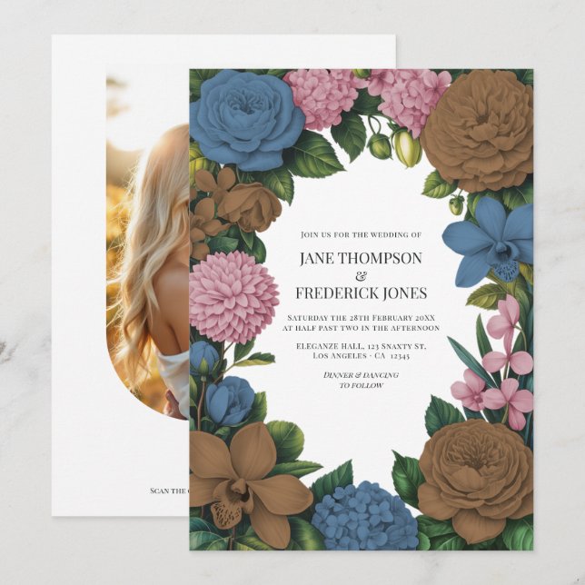 Mocha Brun, Dammig Blå & Mjuk Rosa Blommig Bröllop Inbjudningar (Fram/baksida)