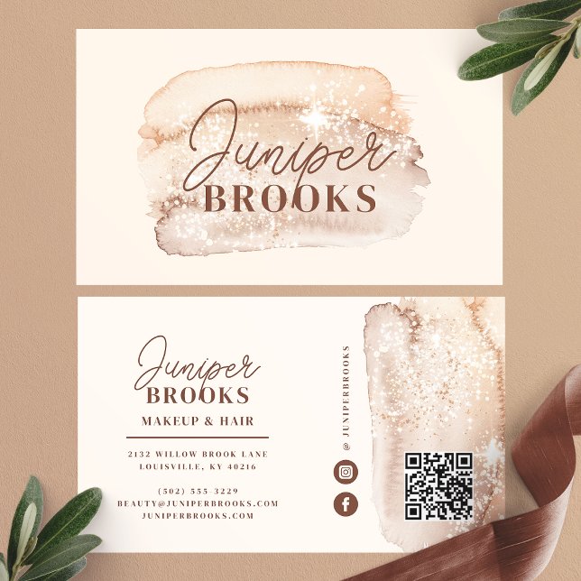Mocha Brun Social Media QR-kod Glitter Visitkort (Skapare uppladdad)