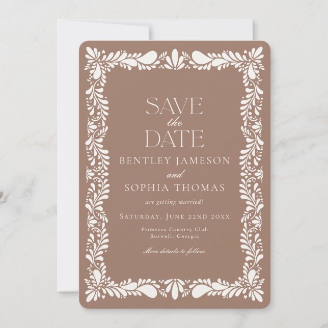 Mocha Brun Talavera-plattor Fiesta Save the Date Inbjudningar (Framsida)