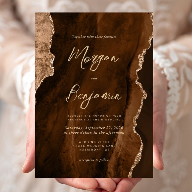Mocha Brun Vattenfärg Agat Guld Script Bröllop Inbjudningar (Skapare uppladdad)