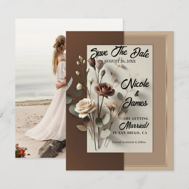 Mocha Café Au Lait Brown Neutralt Blommigt Spara Inbjudningar (Fram/baksida)