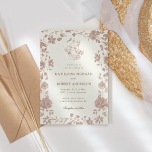 Mocha Chinoiserie Vintage Blommigt Bröllop Inbjudningar