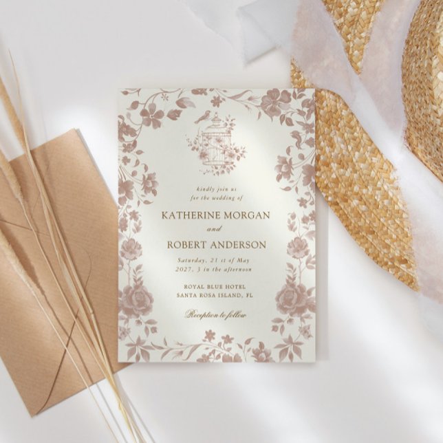 Mocha Chinoiserie Vintage Blommigt Bröllop Inbjudningar (Skapare uppladdad)