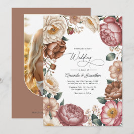 Mocha, Cream & Dusty Rose Blommig Bröllops QR-kod Inbjudningar