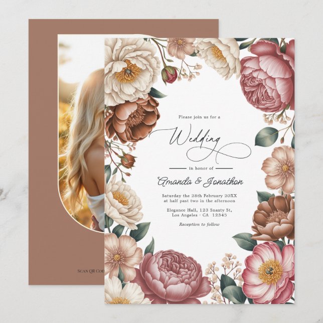 Mocha, Cream & Dusty Rose Blommig Bröllops QR-kod Inbjudningar (Fram/baksida)