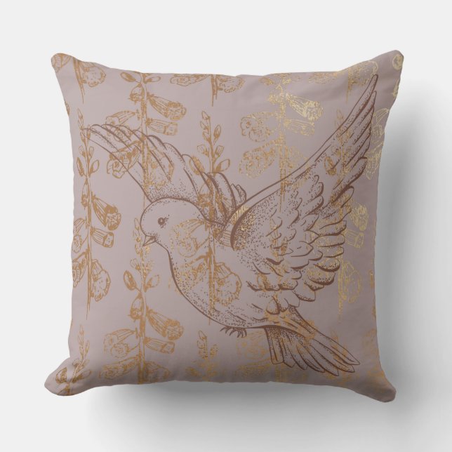 Mocha Guld Elegant Dove Blommigt Pillow Kudde (Framsida)