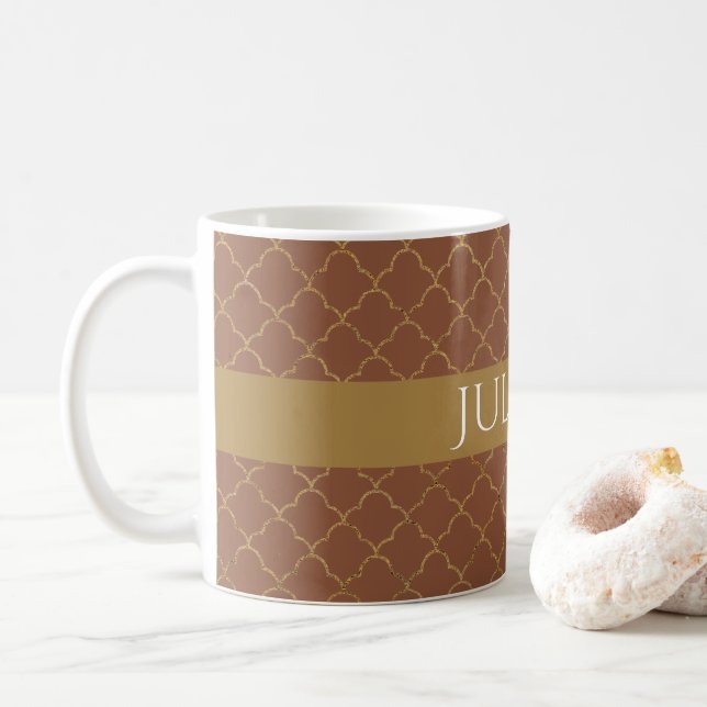 Mocha Guld Quatrefoil Personlig Kaffemugg (Med munk)