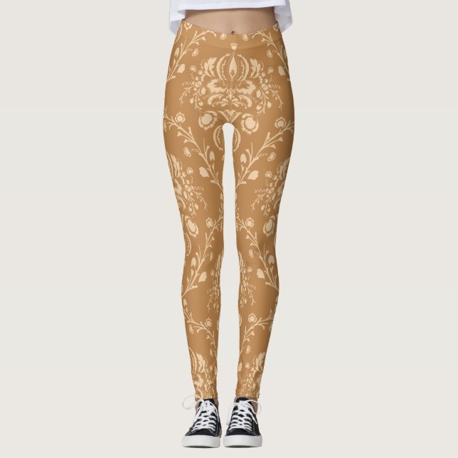 Mocha Latte Brown Damask Leggings (Framsida)