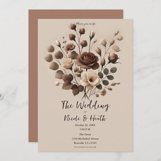 Mocha Mousse Beige Brown Blommigt Bröllop Inbjudningar (Fram/baksida)
