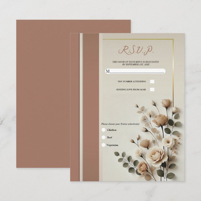 Mocha Mousse & Ben Vit Neutral Blommig RSVP Inbjudningar (Fram/baksida)