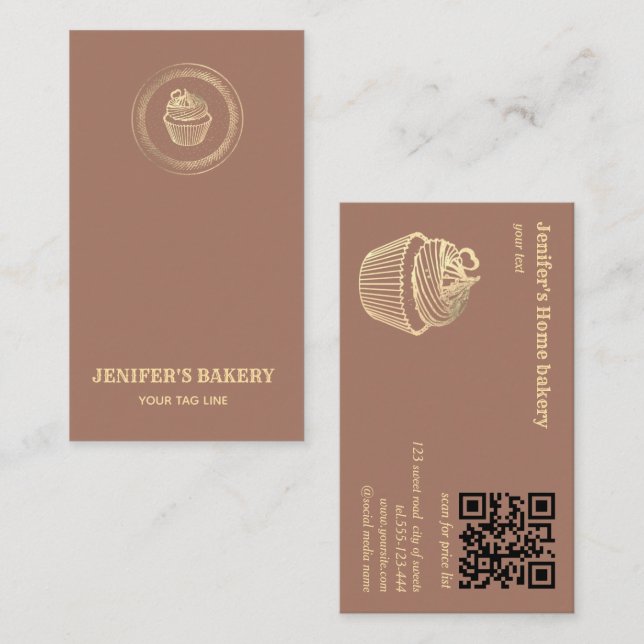Mocha mousse guld cuptårta bakery QR-kod Visitkort (Fram/baksida)