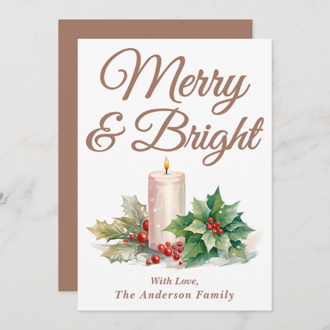 Mocha Mousse Handskrivet skript Merry & Bright Julkort (Fram/baksida)