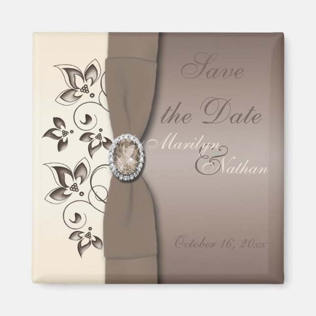 Mocha och Ivory Blommigt Wedding Favor Magnet (Framsidan)