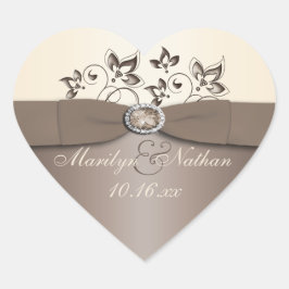 Mocha och Ivory Blommigt Wedding Favor Sticker Hjärtformat Klistermärke