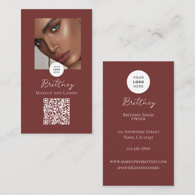 Mocha Och Vit Skriptlogotyp QR-kod Foto Smink Visitkort (Fram/baksida)