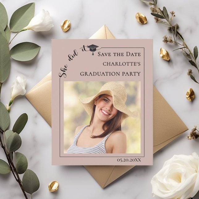 Mocha Photo Graduation Party budget Save the Date Flygblad (Skapare uppladdad)