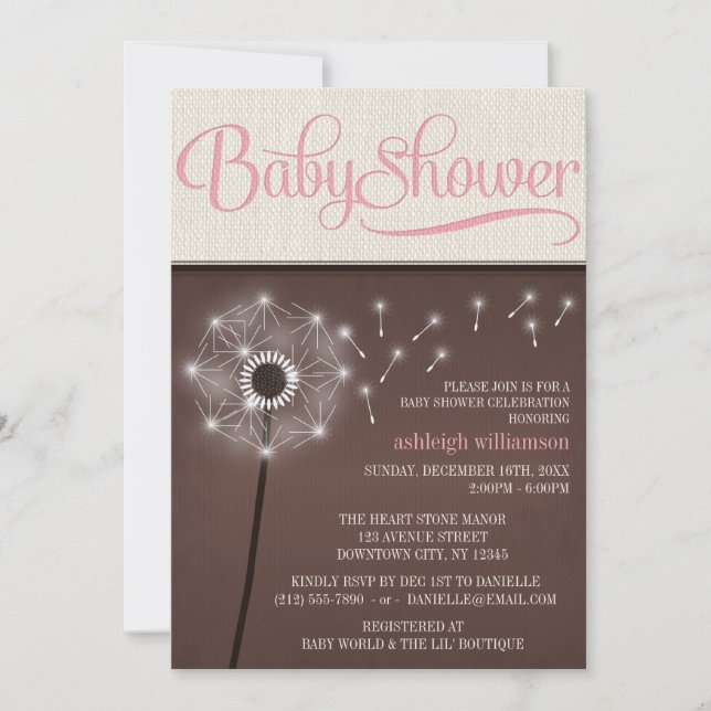 Mocha Rustic Linen Girl Dandelion Baby Shower Inbjudningar (Framsida)