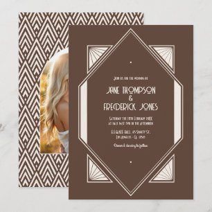 Mocha Truffle & Cream Silk Art Deco Bröllopsfoto Inbjudningar