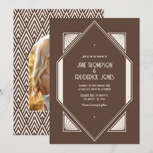 Mocha Truffle & Cream Silk Art Deco Bröllopsfoto Inbjudningar (Fram/baksida)