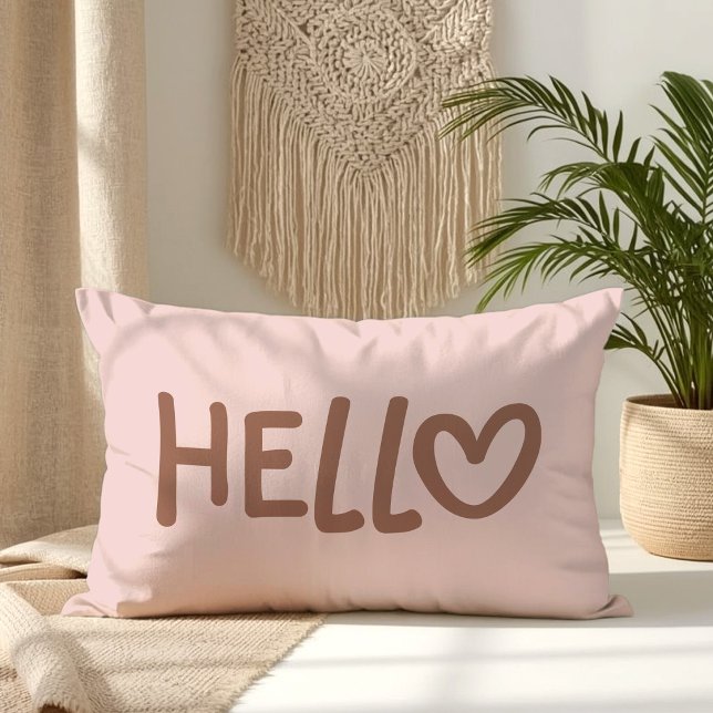 Mocha Whimsical Heart Typografi Hej Lumbarkudde (Hello Pillow Cute)