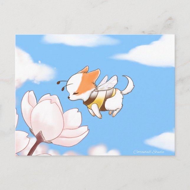 Mochi Bee Cute Puppy Smelling Flowers Sakura Vykort (Framsida)