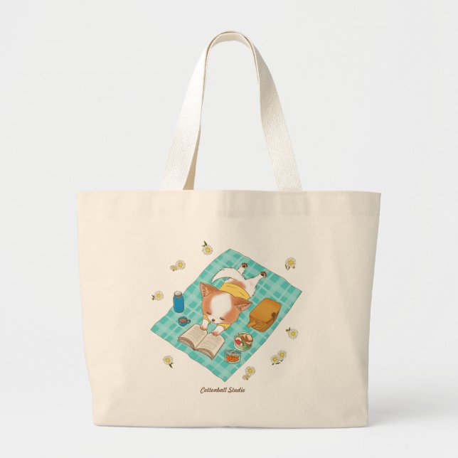 Mochi på en Picnic Kawaii Cute Puppy Design Tote Jumbo Tygkasse (Framsidan)