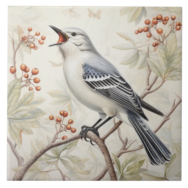 Mockingbird Tile - Grått Nature Illustration Kakelplatta (Framsidan)