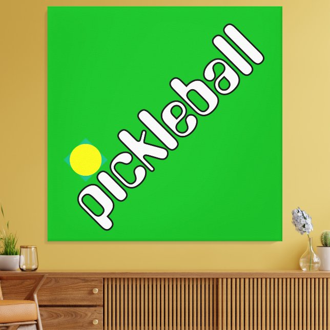 Mod 70s Vit Gult PICKLEBALL på Bright Grönt Canvastryck (Insitu (Vardagsrum))