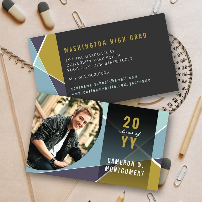 Mod av blått Snyggt, geometriskt Linjer Foto Stude (Blue Stylish Geometric Criss Cross Photo Graduation Calling / Name Card @ zazzle.com/color_therapy)