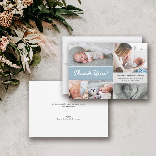 Mod blue Anpassningsbar Photo Collage Pojke Birth Tack Kort (Baby shower blue thank you photo collage card. Personal message, birth stat and baby name.)