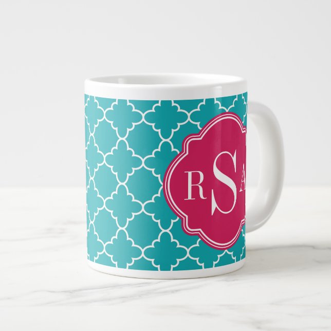 Mod Bright Blue Trellis Rosa Monogram Jumbo Mugg (Framsida höger)