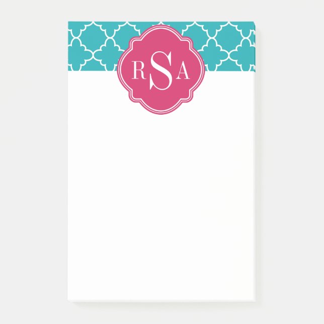 Mod Bright Blue Trellis Rosa Monogram Post-it Block (Framsida)