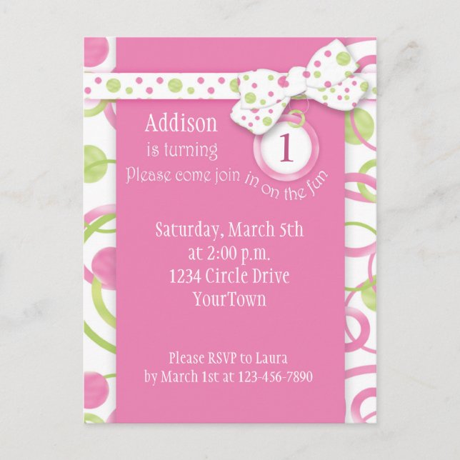 Mod Circles Girl's 1st Birthday Postcard Investiga Inbjudan Vykort (Framsida)