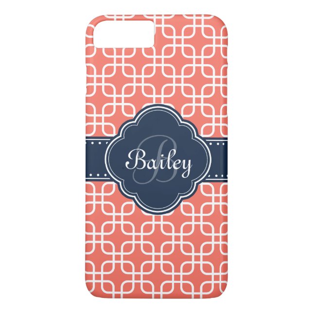 Mod Coral Mönster Navy Quatrefoil Monogram Case-Mate iPhone Skal (Baksida)