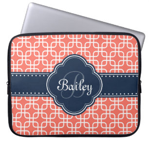 Mod Coral Mönster Navy Quatrefoil Monogram Laptop Fodral