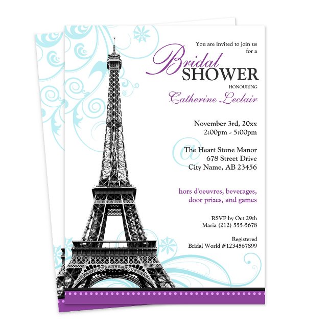 Mod Den vitryska Möhippan Eiffel Torn Inbjudningar (Mod Flourish Eiffel Tower Parisian Bridal Shower Invitation from Starzraven. Downloadable evite, too)