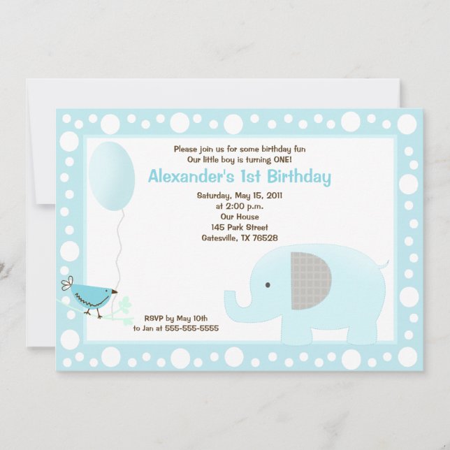 Mod Elephant Jungle Dot 5x7 Birthday Inbjudan Blue (Framsida)