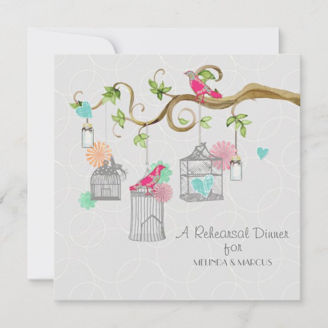 Mod Fågelburk Mason Burk Heart Blommigt Möhippa Inbjudningar (Framsida)