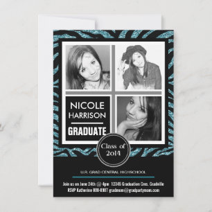 Mod Faux Glitter Zebra Girl 3 Photo Studenten Inbjudningar