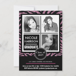 Mod Faux Rosa Glitter Zebra 3 Photo Studenten Inbjudningar